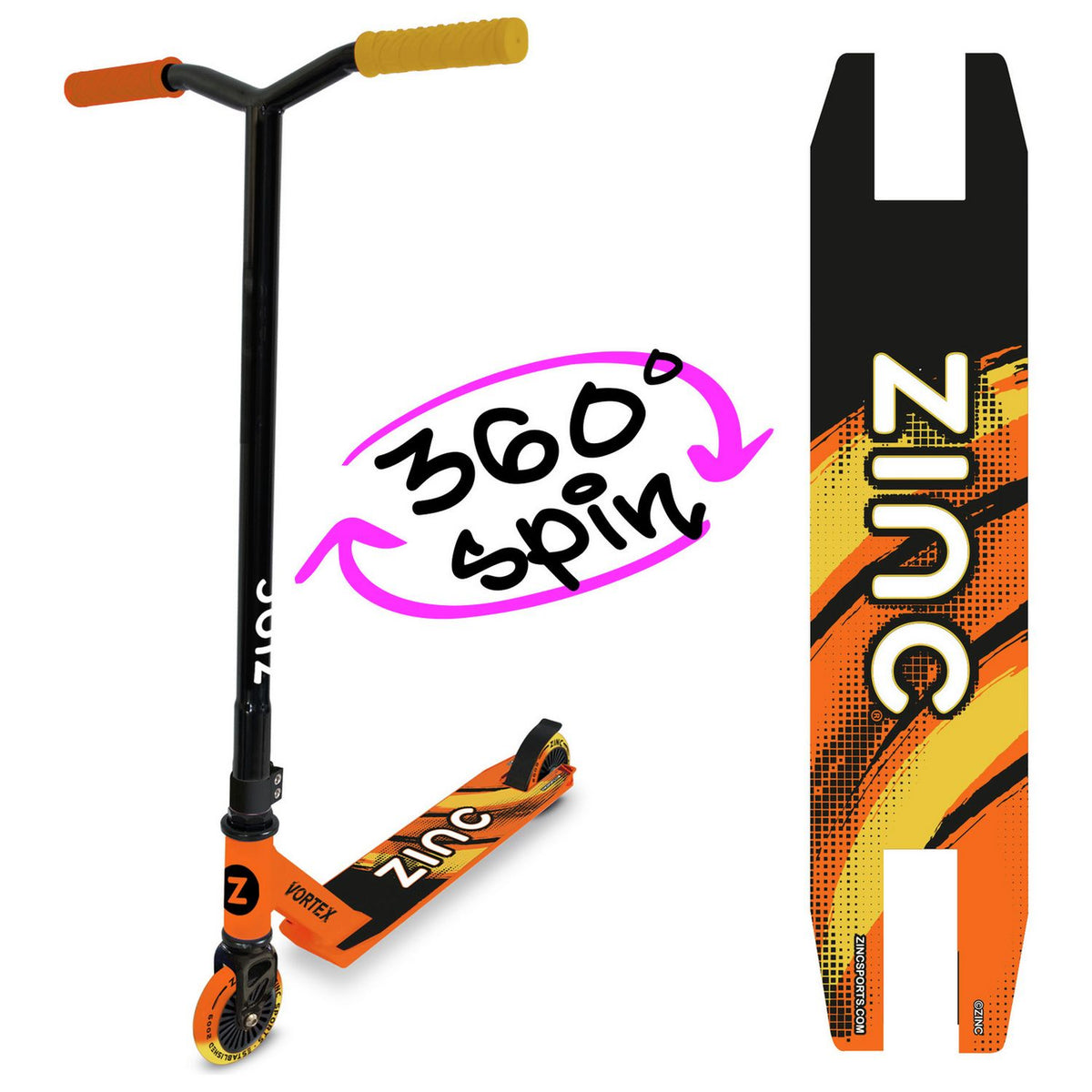 Zinc Vortex stunt scooter for kids in yellow and orange, imported from the UK