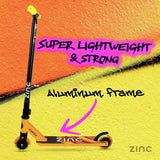 Zinc Vortex stunt scooter for kids in yellow and orange, imported from the UK