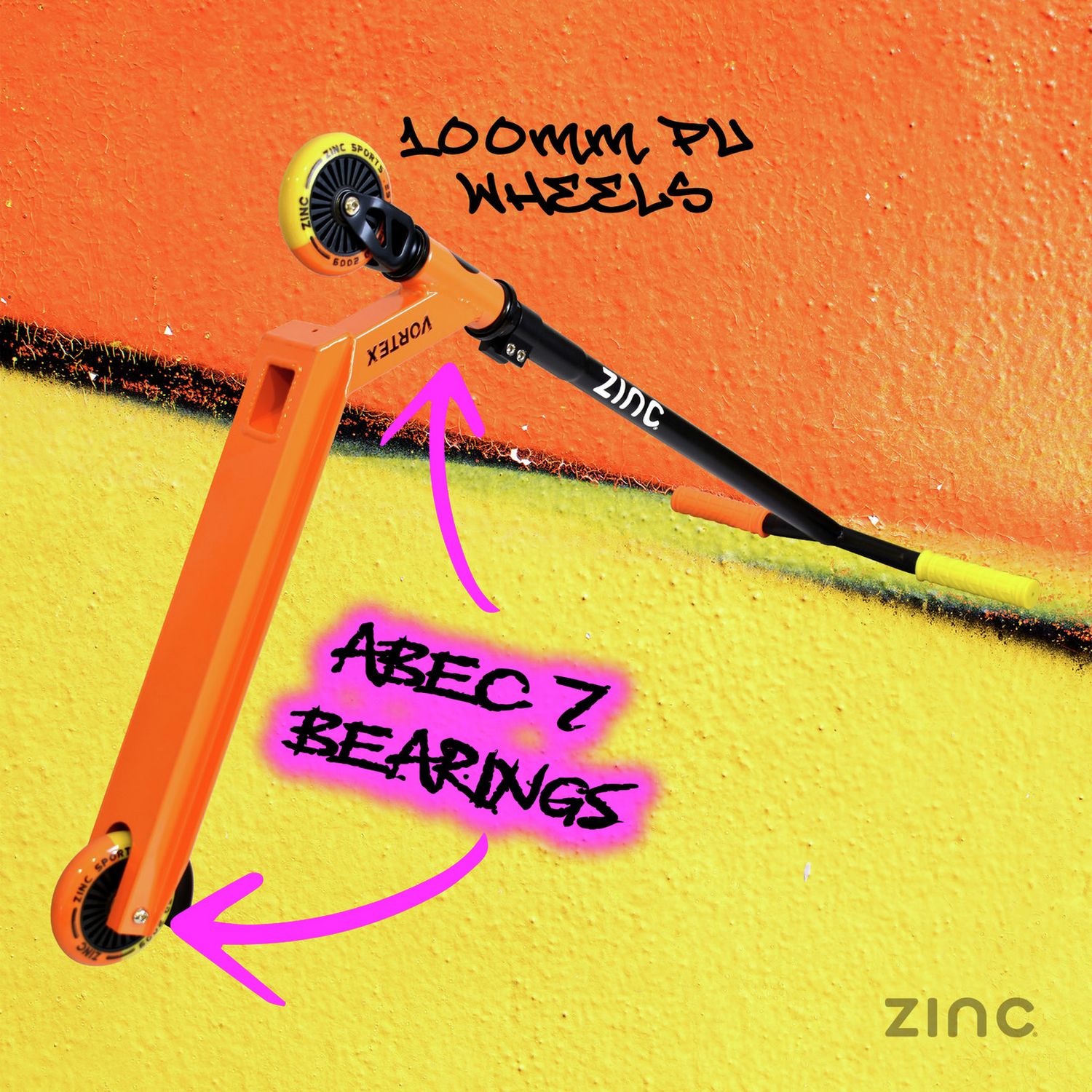 Zinc Vortex stunt scooter for kids in yellow and orange, imported from the UK