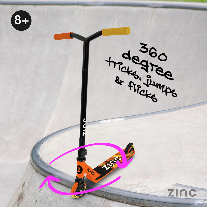 Zinc Vortex stunt scooter for kids in yellow and orange, imported from the UK