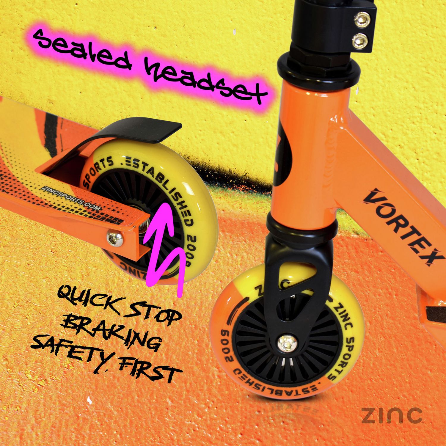 Zinc Vortex stunt scooter for kids in yellow and orange, imported from the UK