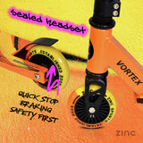 Zinc Vortex stunt scooter for kids in yellow and orange, imported from the UK