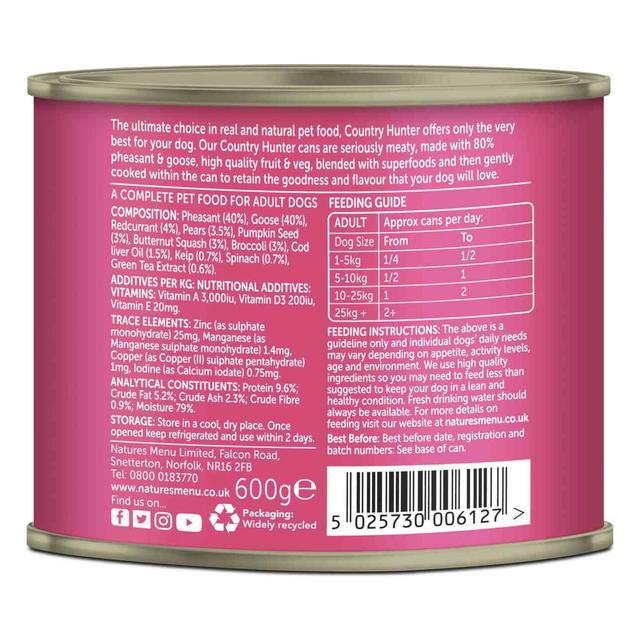 Natures Menu Country Hunter Pheasant & Goose Wet Dog Food Cans   6 x 600g