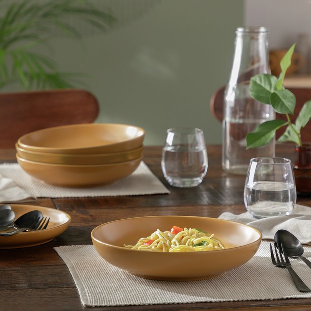 Habitat matte glaze stoneware pasta bowls mustard set (British brand)