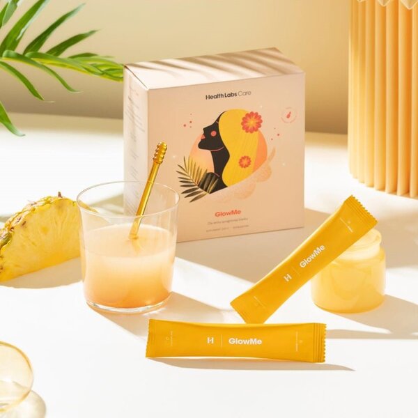HealthLabs Care GlowMe pineapple mango collagen sachets, imported from the UK