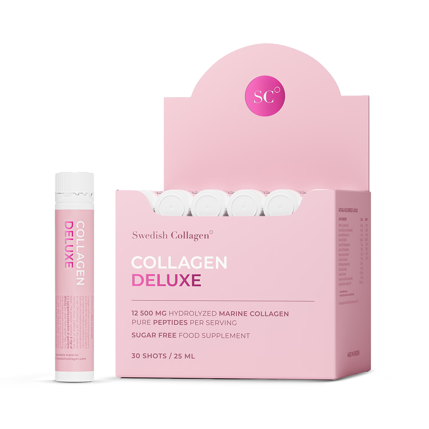 Swedish Collagen Deluxe marine collagen shots berry flavour 25ml 30 pack, imported from the UK