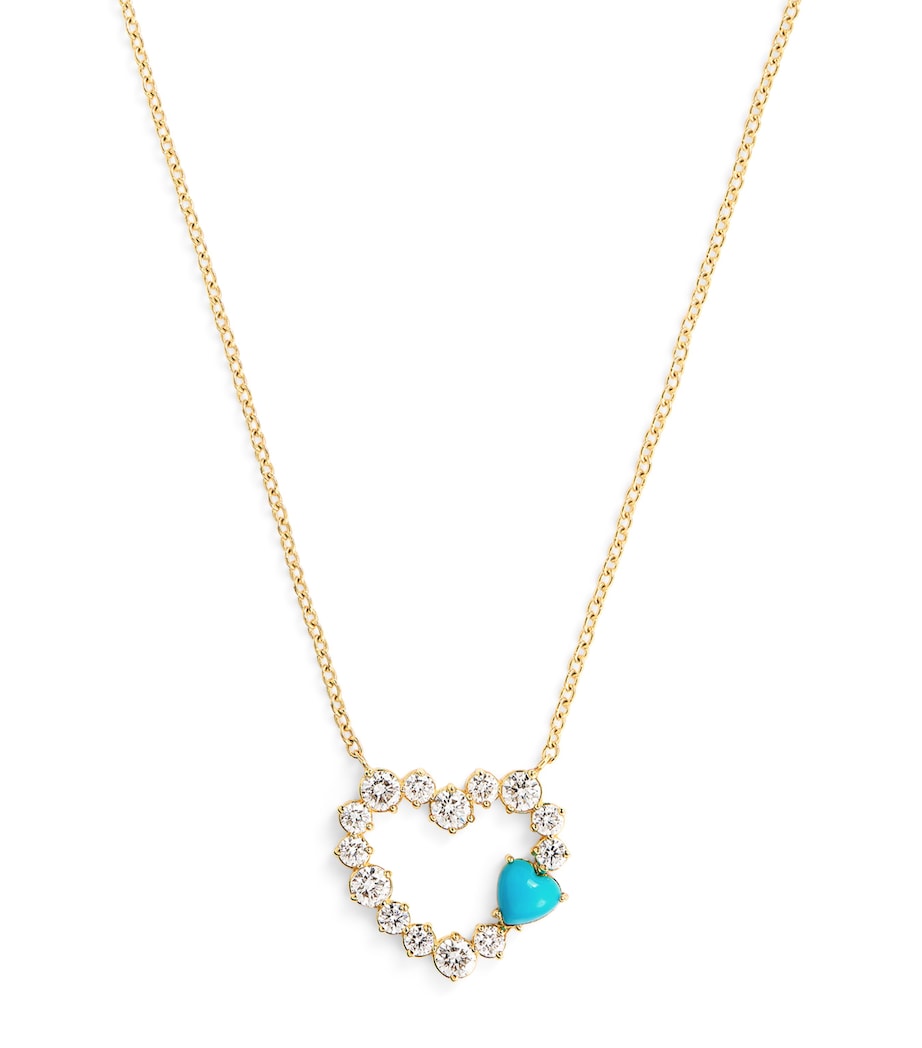 Jennifer Meyer yellow gold open heart necklace diamonds turquoise 40cm - British product