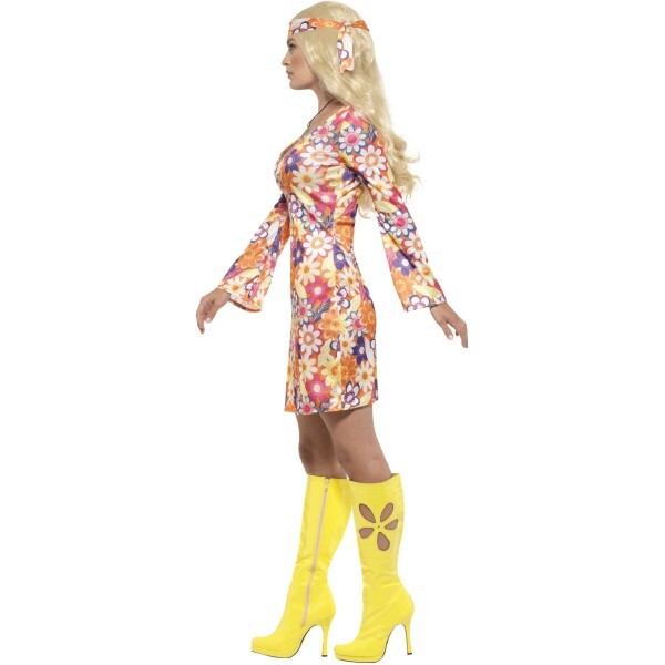 Smiffys flower hippie costume multi-coloured dress headscarf medallion, imported from the UK