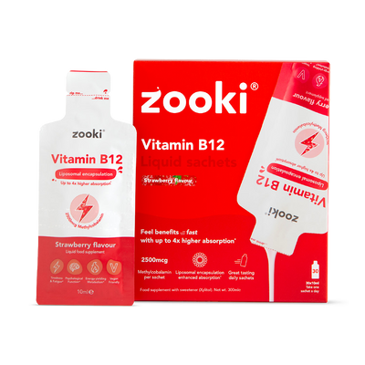 Holland & Barrett Zooki Liposomal Vitamin B12 2500mcg Strawberry Liquid Supplement 30 Sachets- Buy online at McGrocer