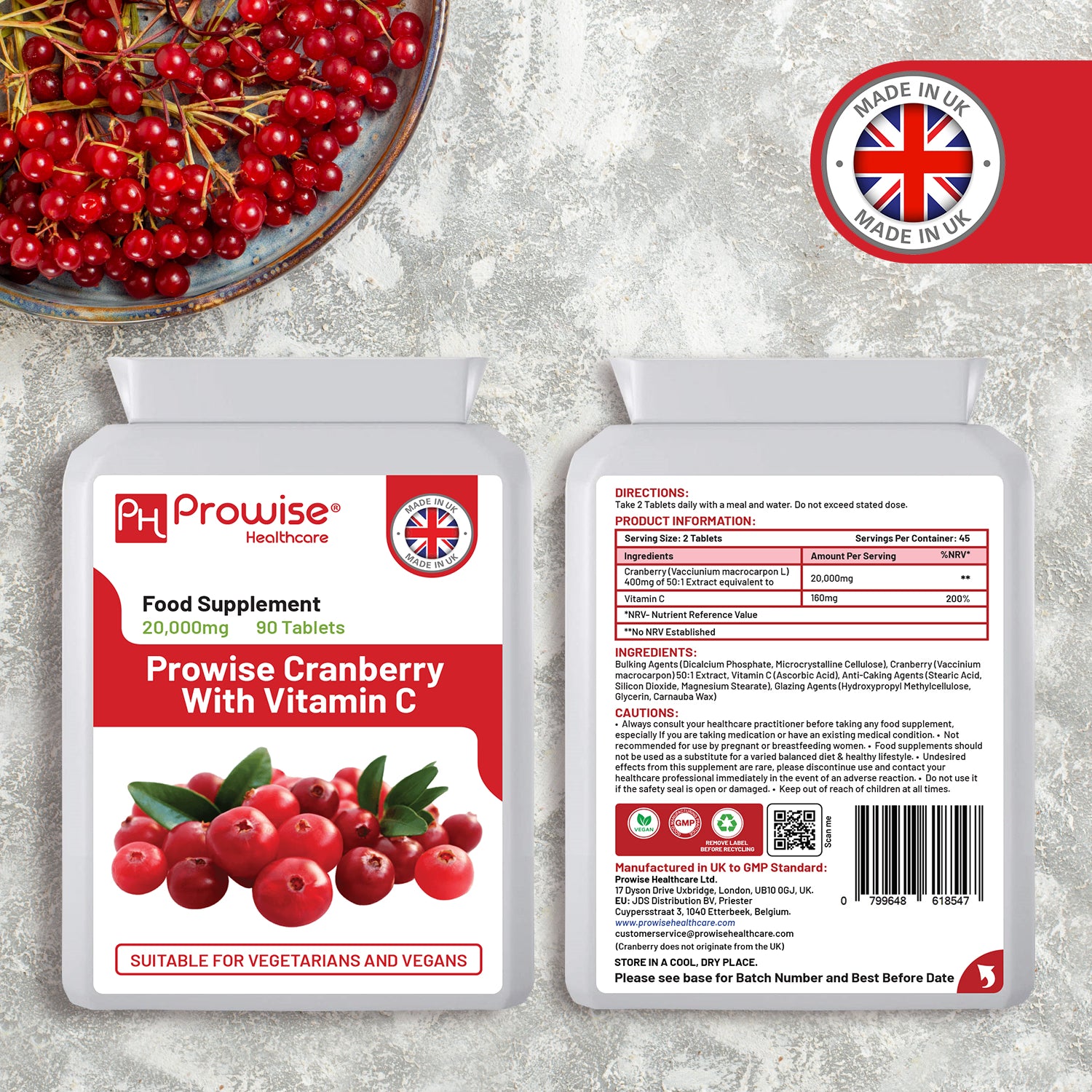 Prowise double strength cranberry tablets 20,000mg 90 tablets, imported from the UK
