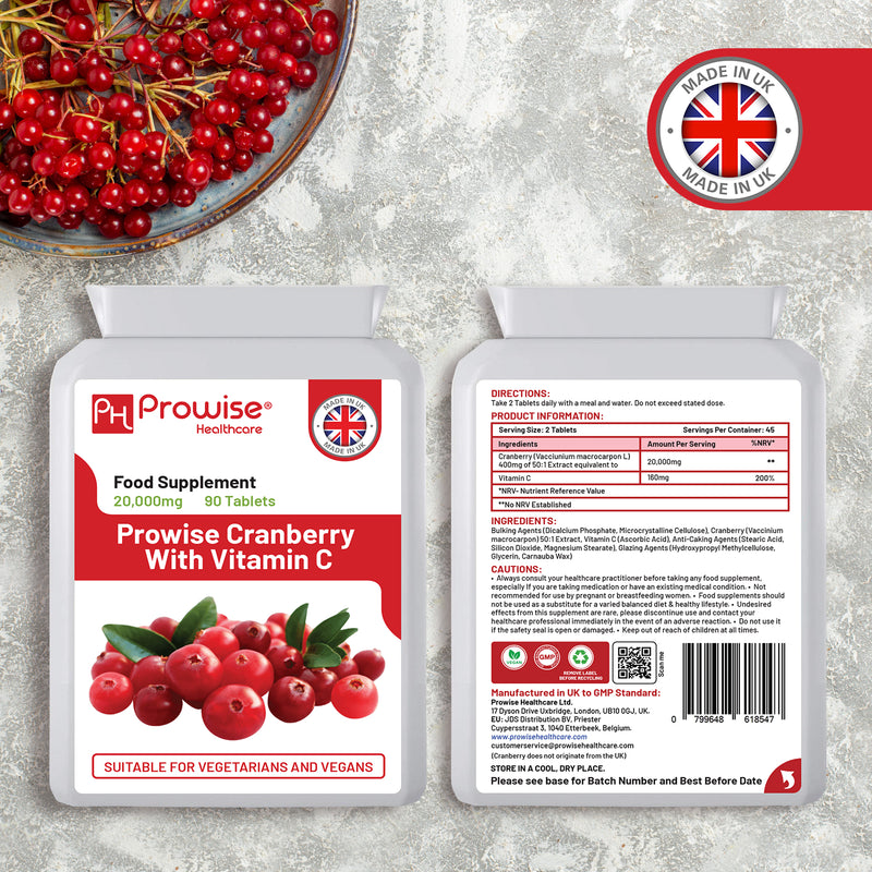 Prowise double strength cranberry tablets 20,000mg 90 tablets, imported from the UK
