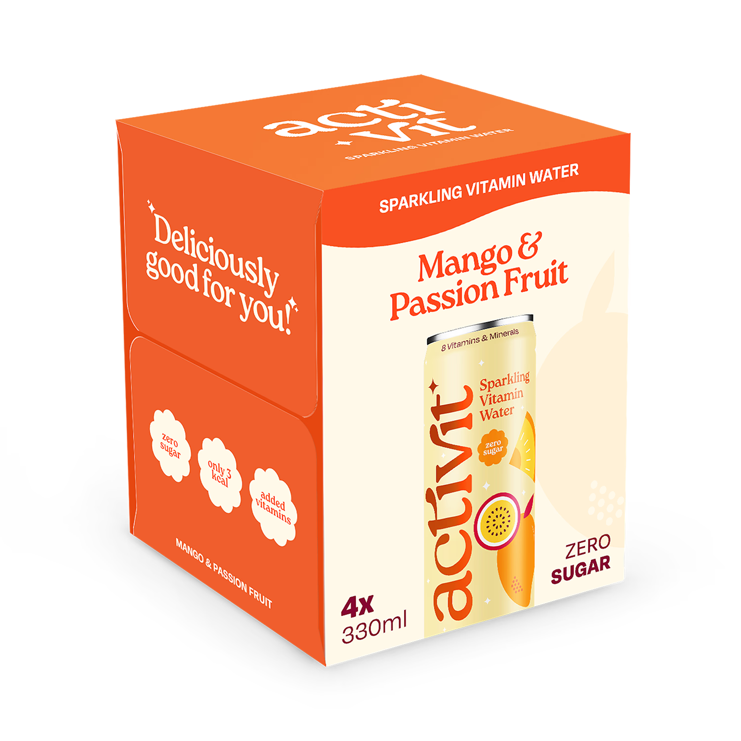 Activit Sparkling Vitamin Water Mango & Passionfruit 4x 330ml, imported from the UK