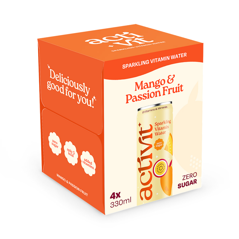 Activit Sparkling Vitamin Water Mango & Passionfruit 4x 330ml, imported from the UK