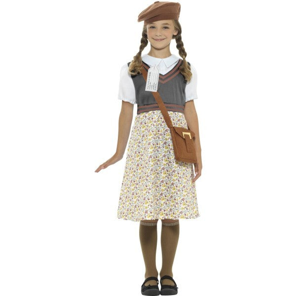 Smiffys Evacuee School Girl Costume Grey with Dress Hat Bag Name Tag