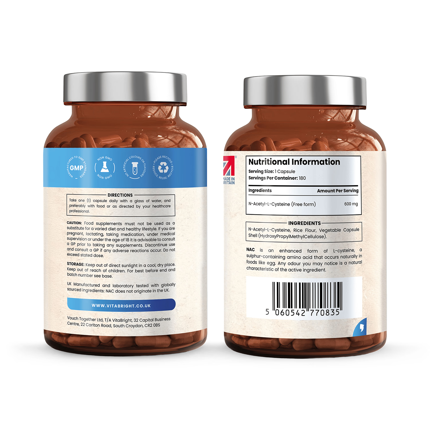 VitaBright NAC supplement 600mg 180 capsules (British brand)