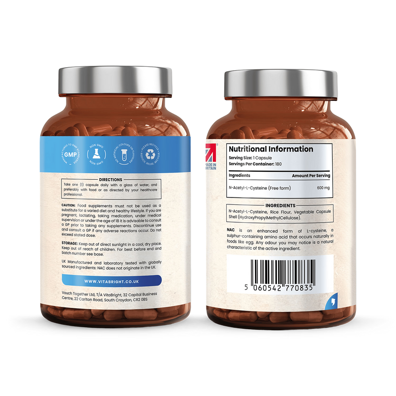 VitaBright NAC supplement 600mg 180 capsules (British brand)