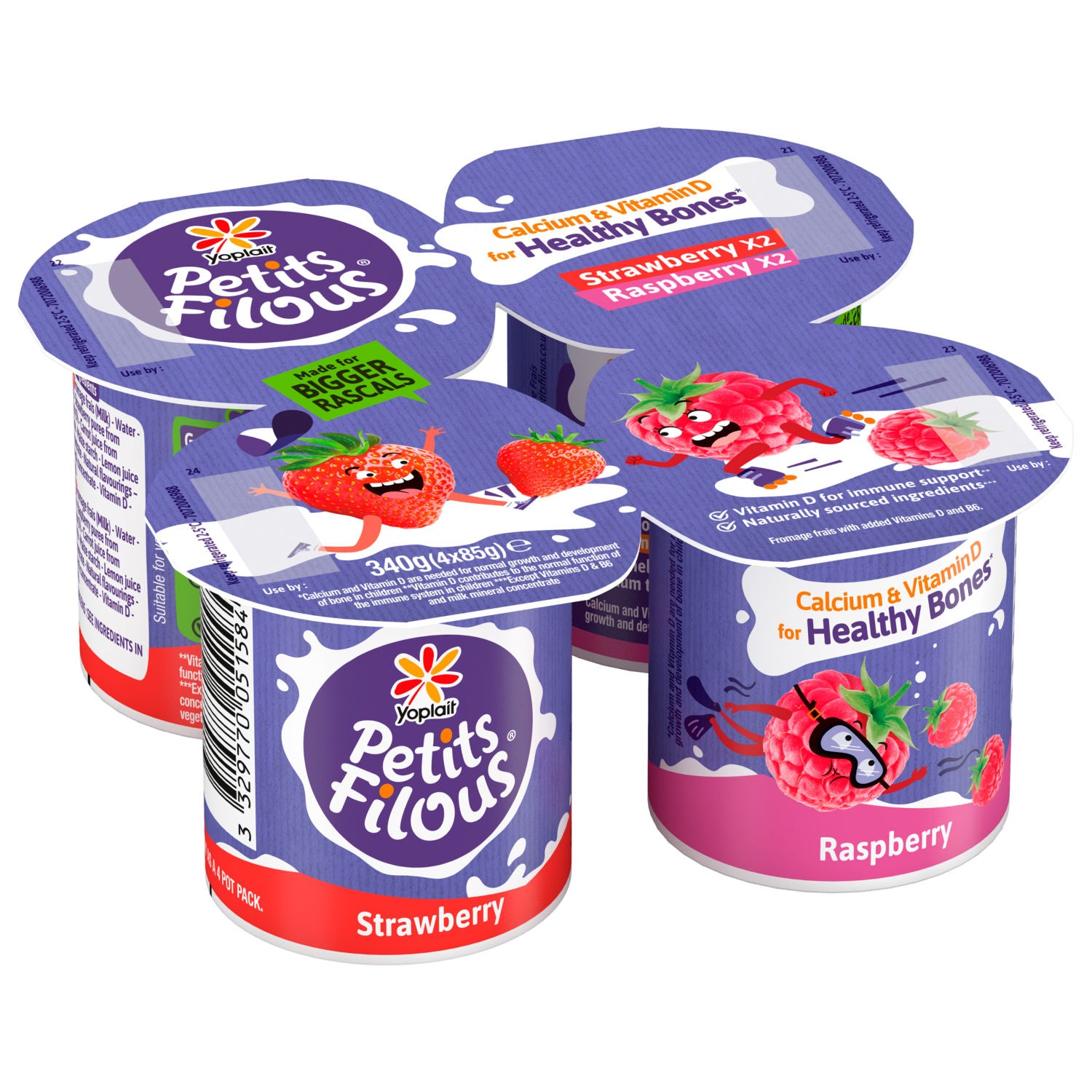Petits Filous strawberry and raspberry yoghurt pots 4x85g, imported from the UK