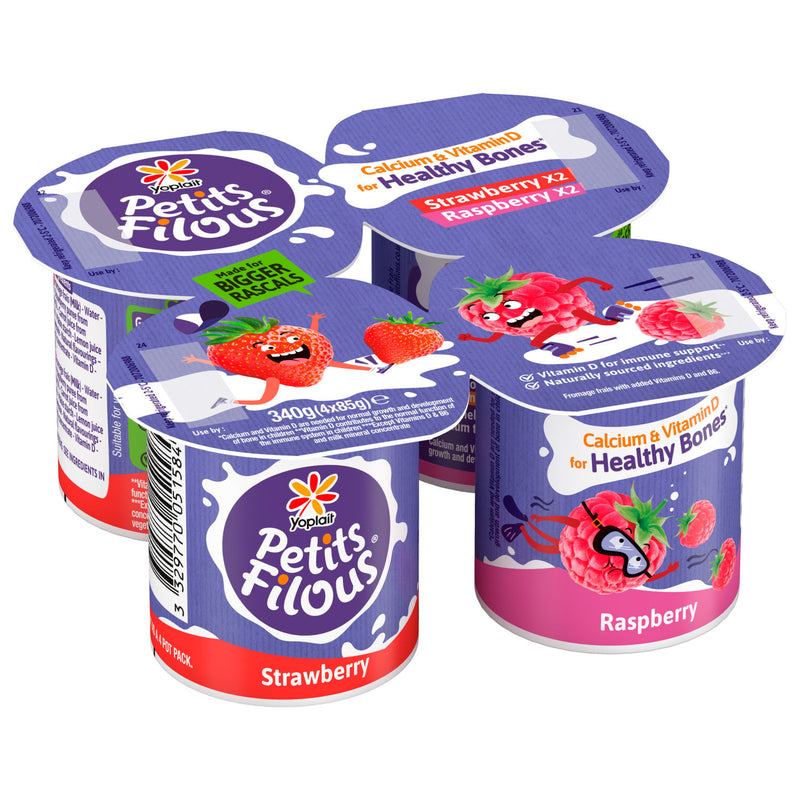Petits Filous strawberry and raspberry yoghurt pots 4x85g, imported from the UK