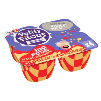 Petits Filous Big Puds Magic Squares Erdbeer- und Vanillegeschmack Milchdessert 4 x 80g (320g)