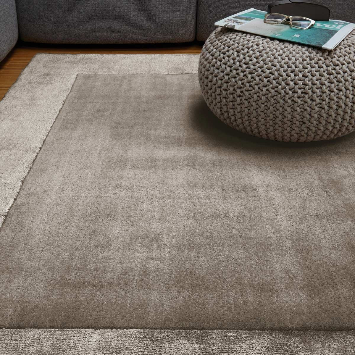 Asiatic taupe rug wool viscose blend handwoven, imported from the UK