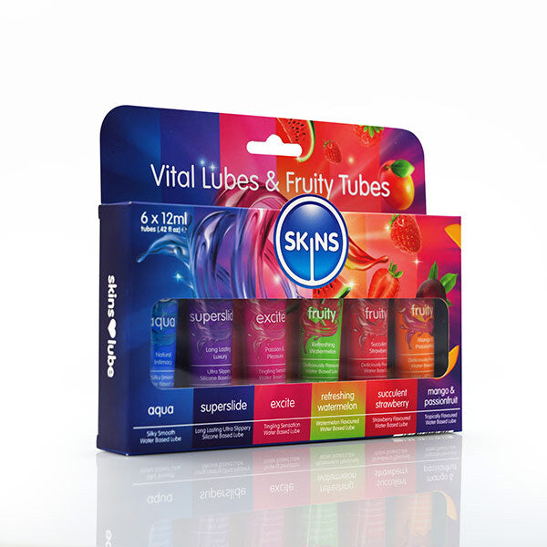 Skins travel lube multipack with fruity and specialty lubes, imported from the UK