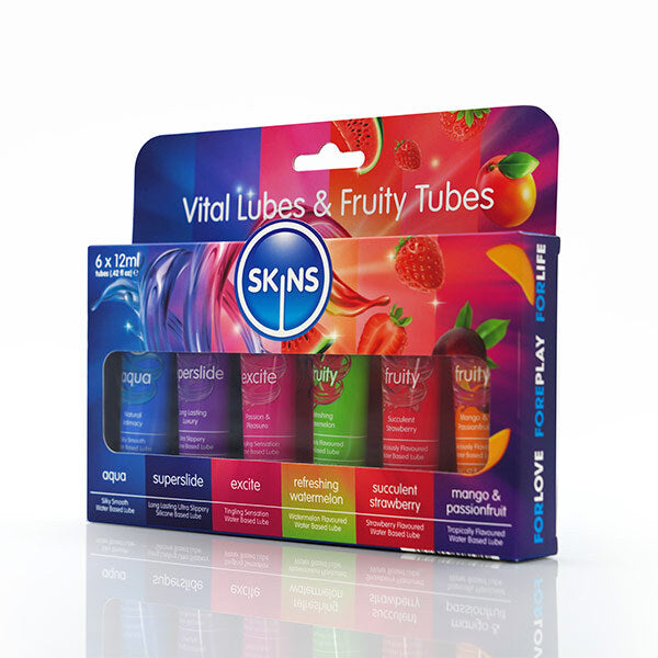 Skins travel lube multipack with fruity and specialty lubes, imported from the UK