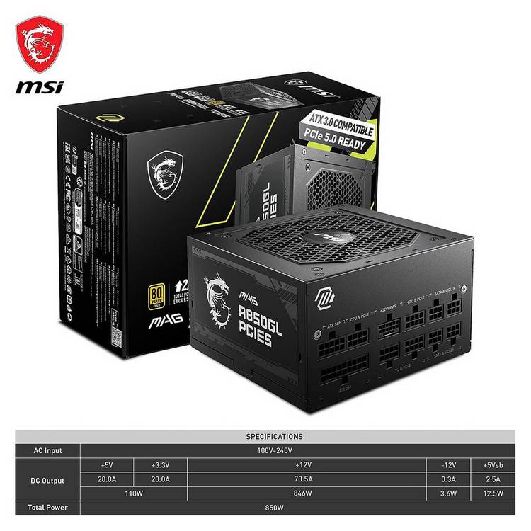 MSI MAG A850GL 850W power supply, UK version