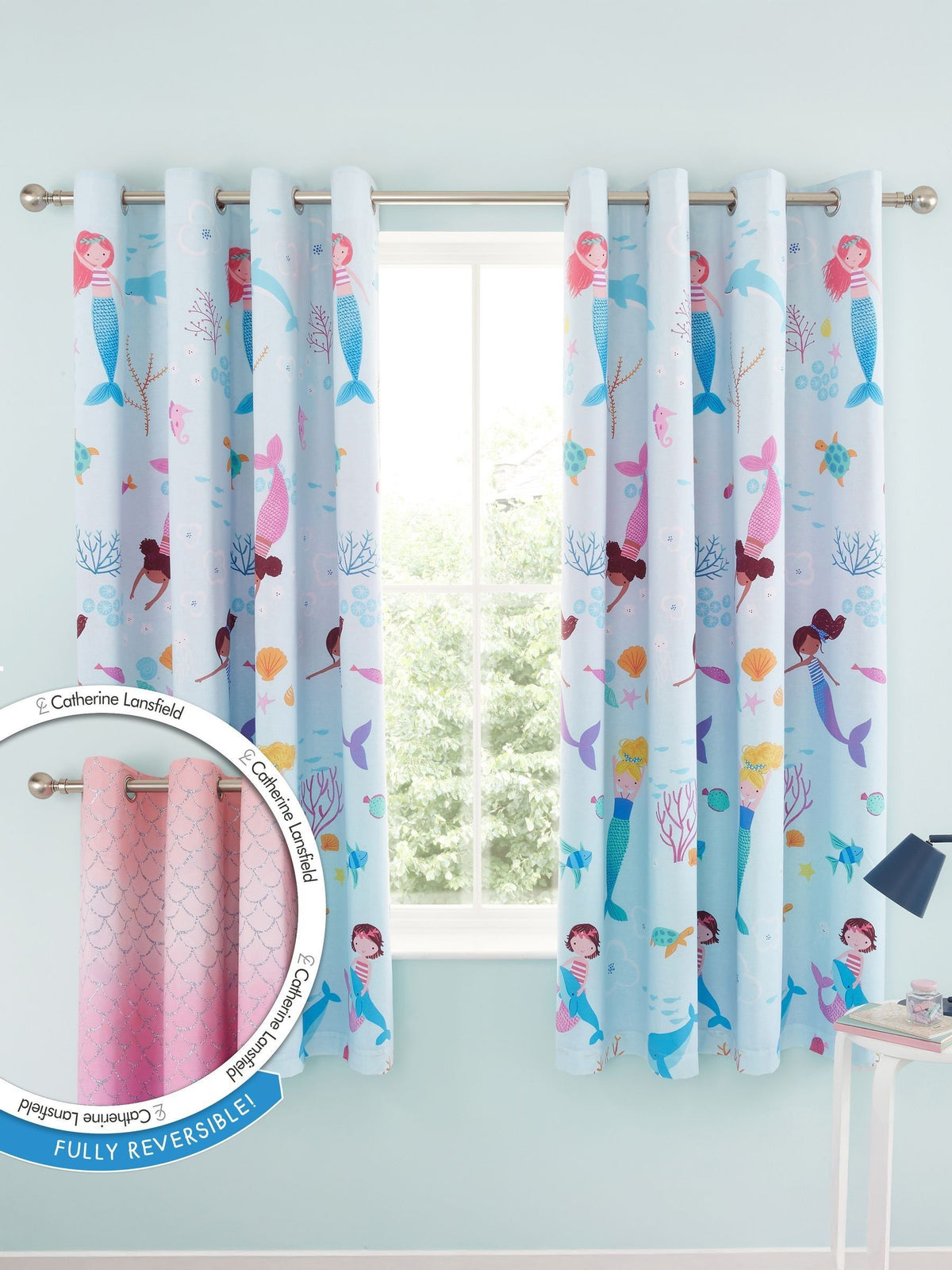 Catherine Lansfield blue mermaid reversible curtains 168x183cm - British product