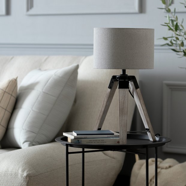 Argos Home Lyle 46cm wooden tripod table lamp grey, imported from the UK