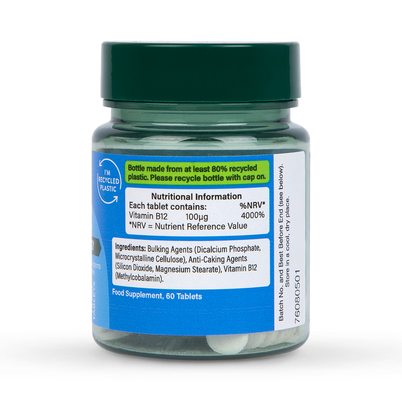 Holland & Barrett vitamin B12 supplement 100µg 60 tablets, imported from the UK