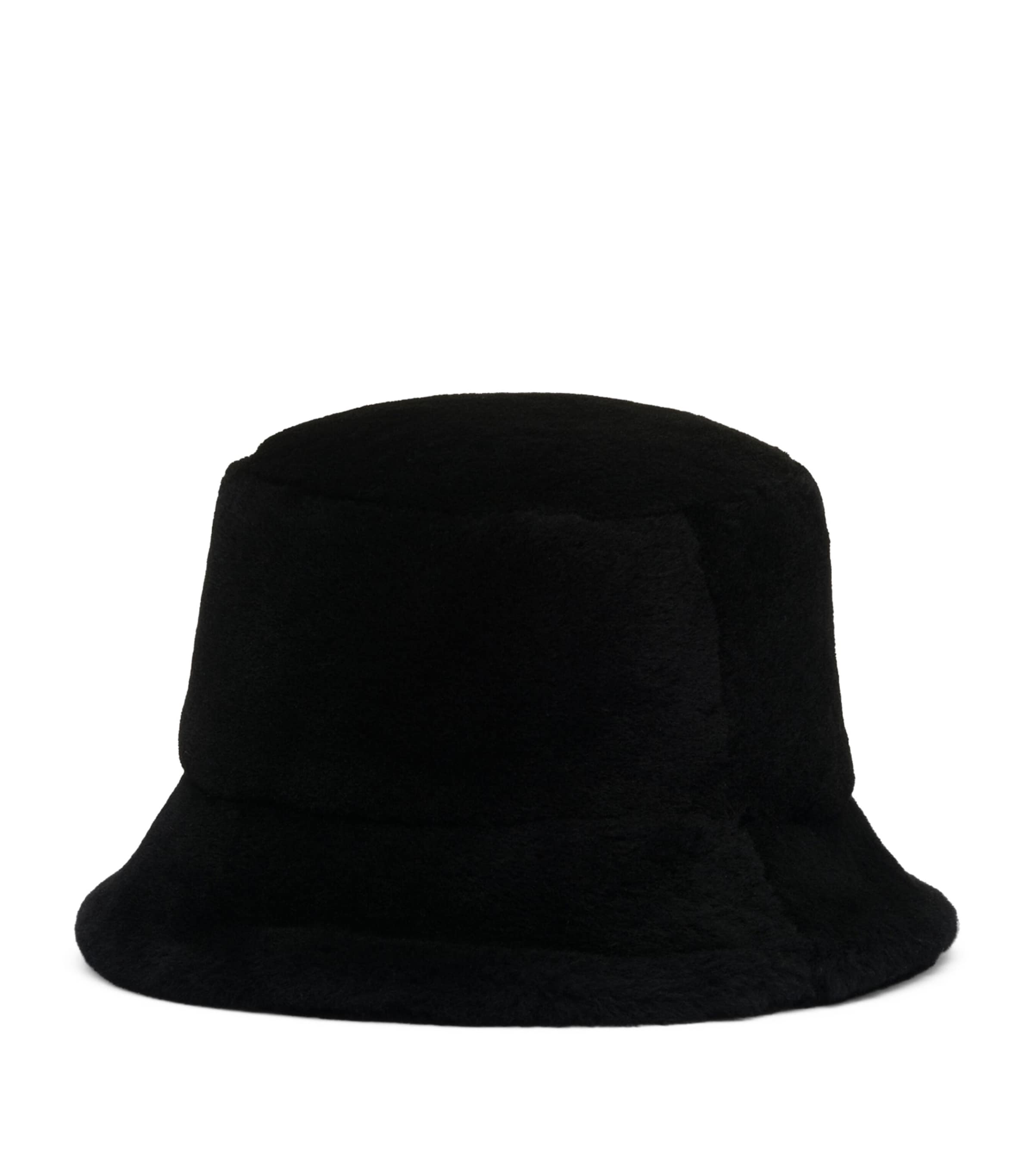Prada shearling bucket hat with iconic Triangle logo, imported from the UK