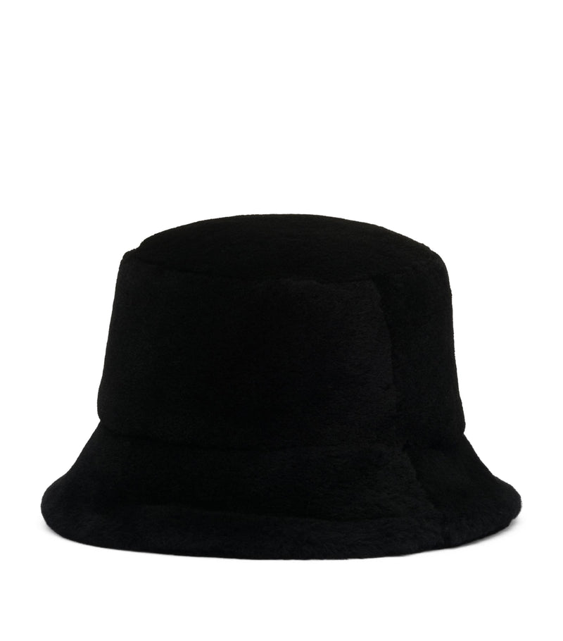 Prada shearling bucket hat with iconic Triangle logo, imported from the UK