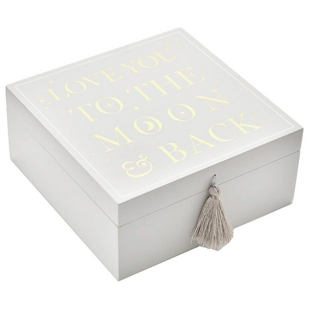 Bambino white wooden keepsake box with silver moon wording, imported from the UK