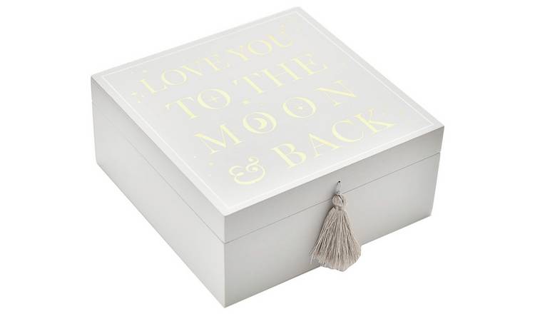 Bambino white wooden keepsake box with silver moon wording, imported from the UK