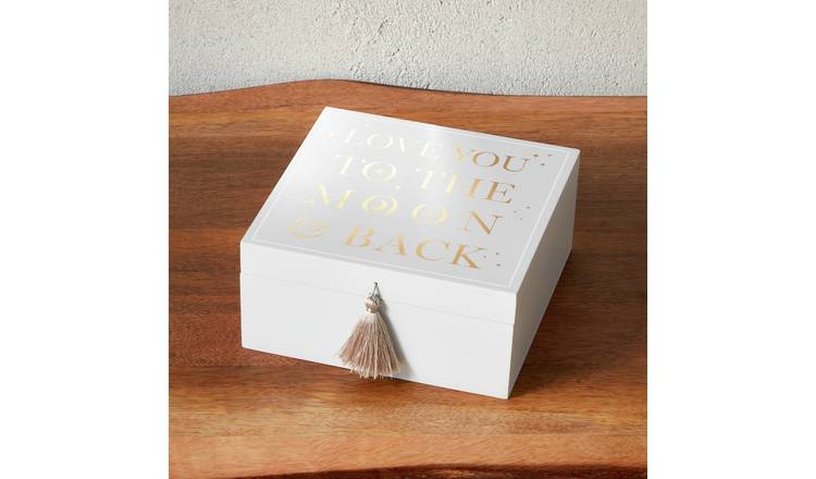 Bambino white wooden keepsake box with silver moon wording, imported from the UK