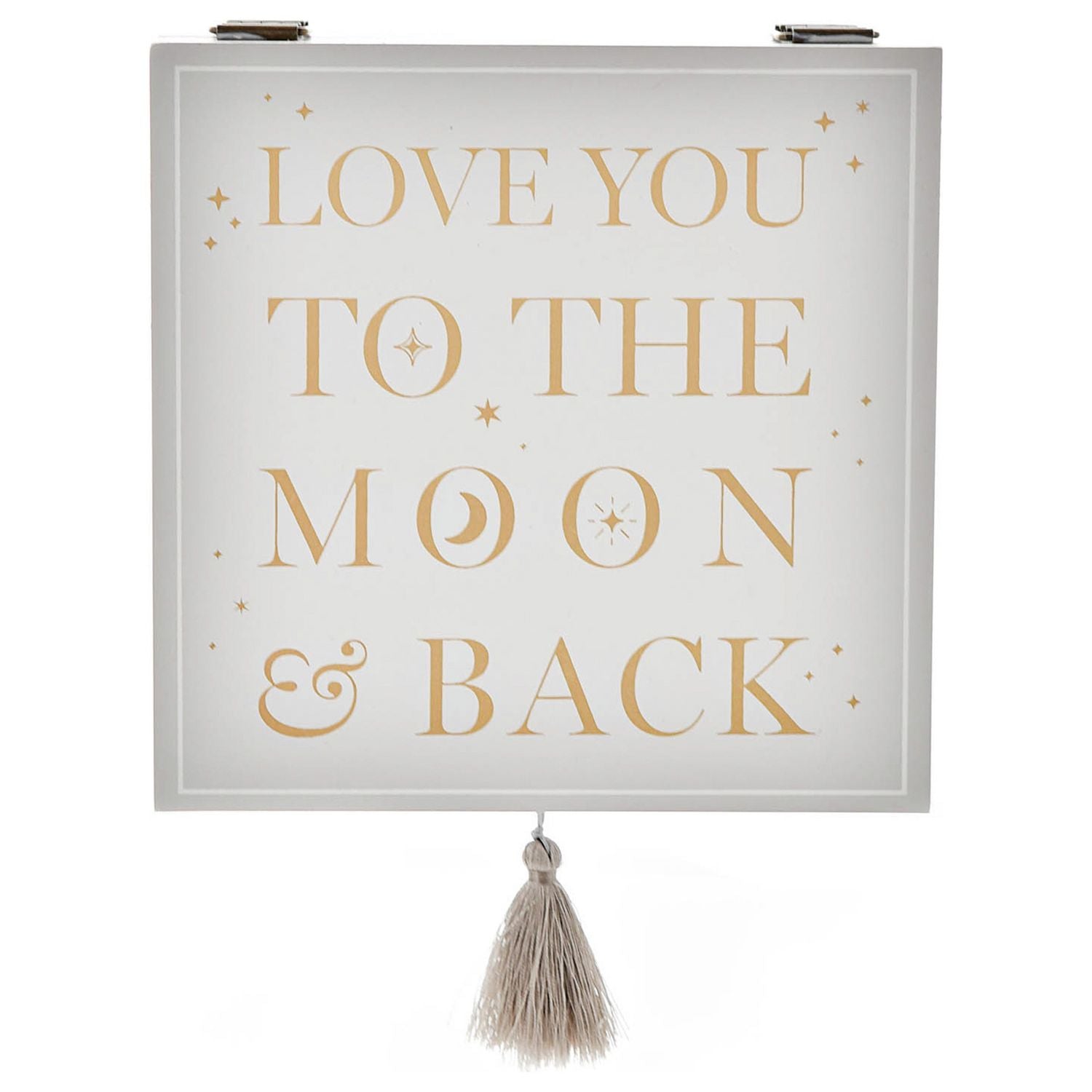 Bambino white wooden keepsake box with silver moon wording, imported from the UK