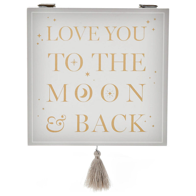 Bambino white wooden keepsake box with silver moon wording, imported from the UK