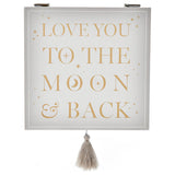 Bambino white wooden keepsake box with silver moon wording, imported from the UK