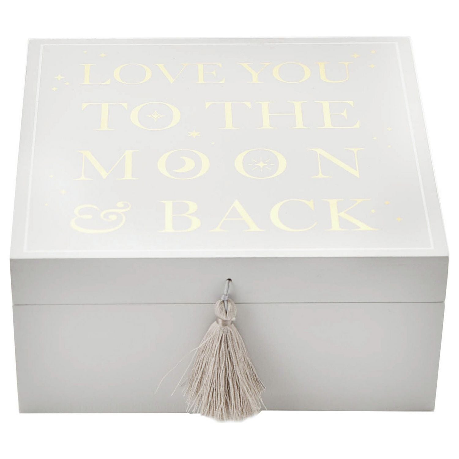 Bambino white wooden keepsake box with silver moon wording, imported from the UK