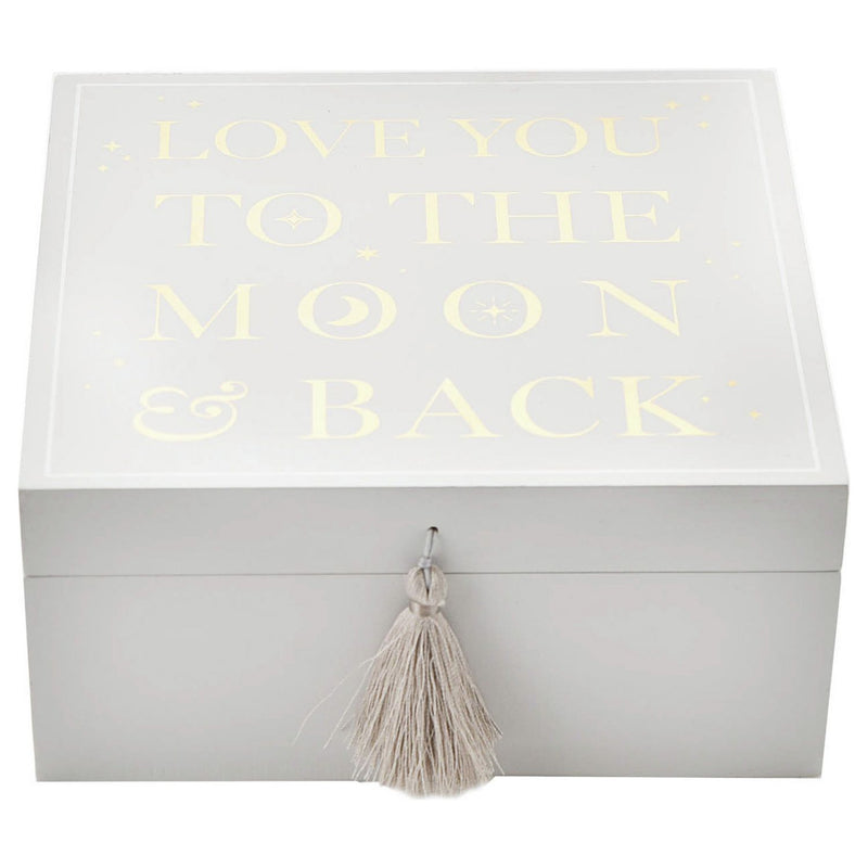 Bambino white wooden keepsake box with silver moon wording, imported from the UK