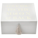Bambino white wooden keepsake box with silver moon wording, imported from the UK