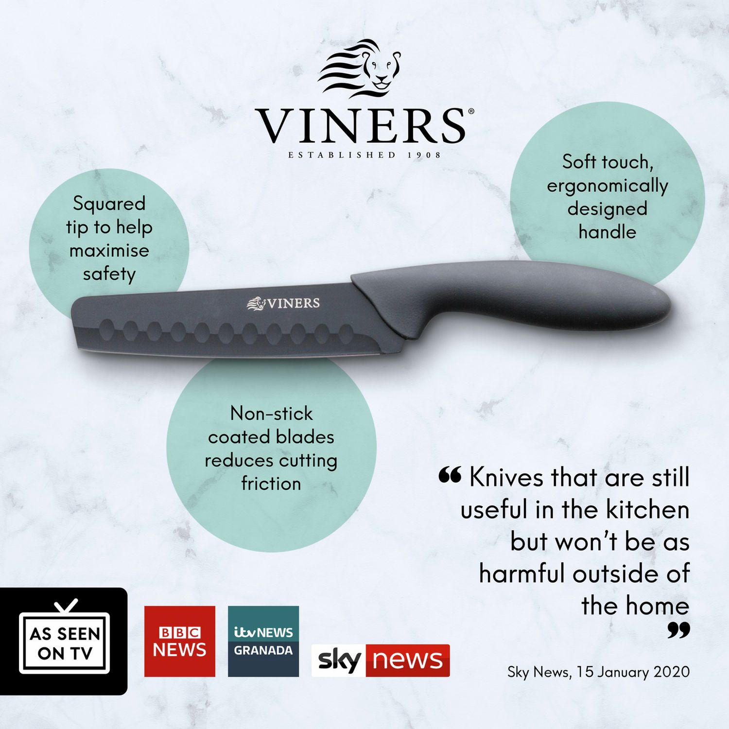 Viners 4 piece knife set, black squared tip (British brand)
