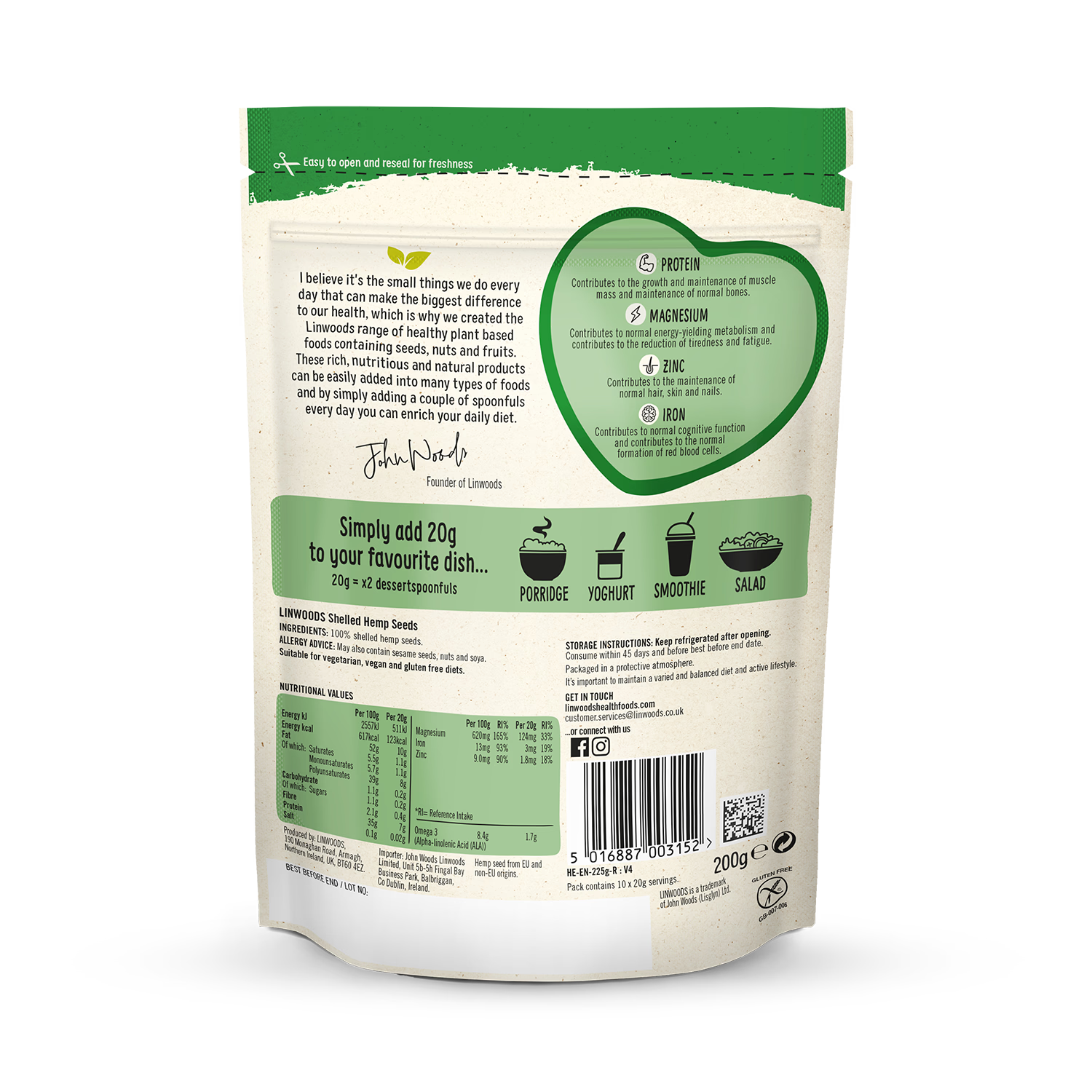 Linwoods Shelled Hemp 200g, imported from the UK