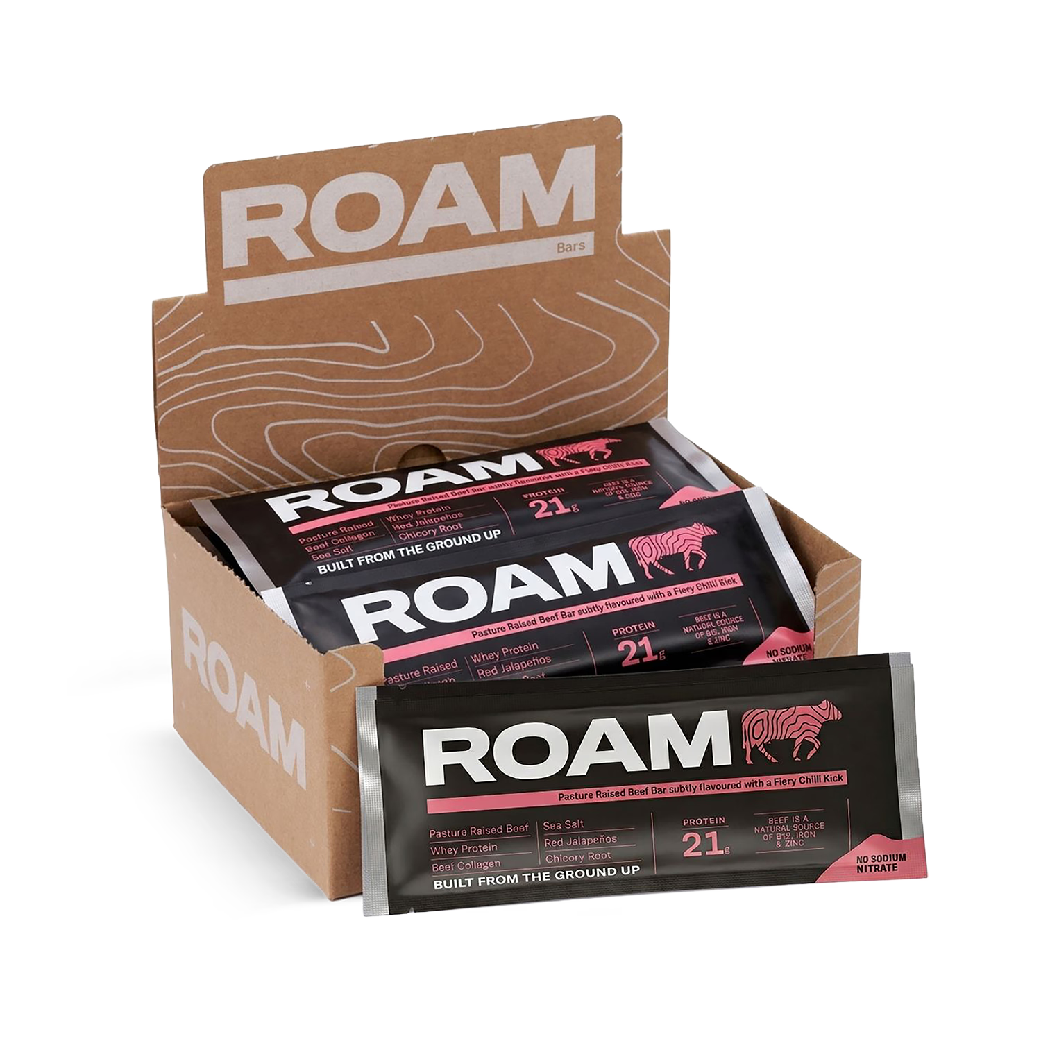 ROAM jalapeño chilli beef bar 6x45g, imported from the UK