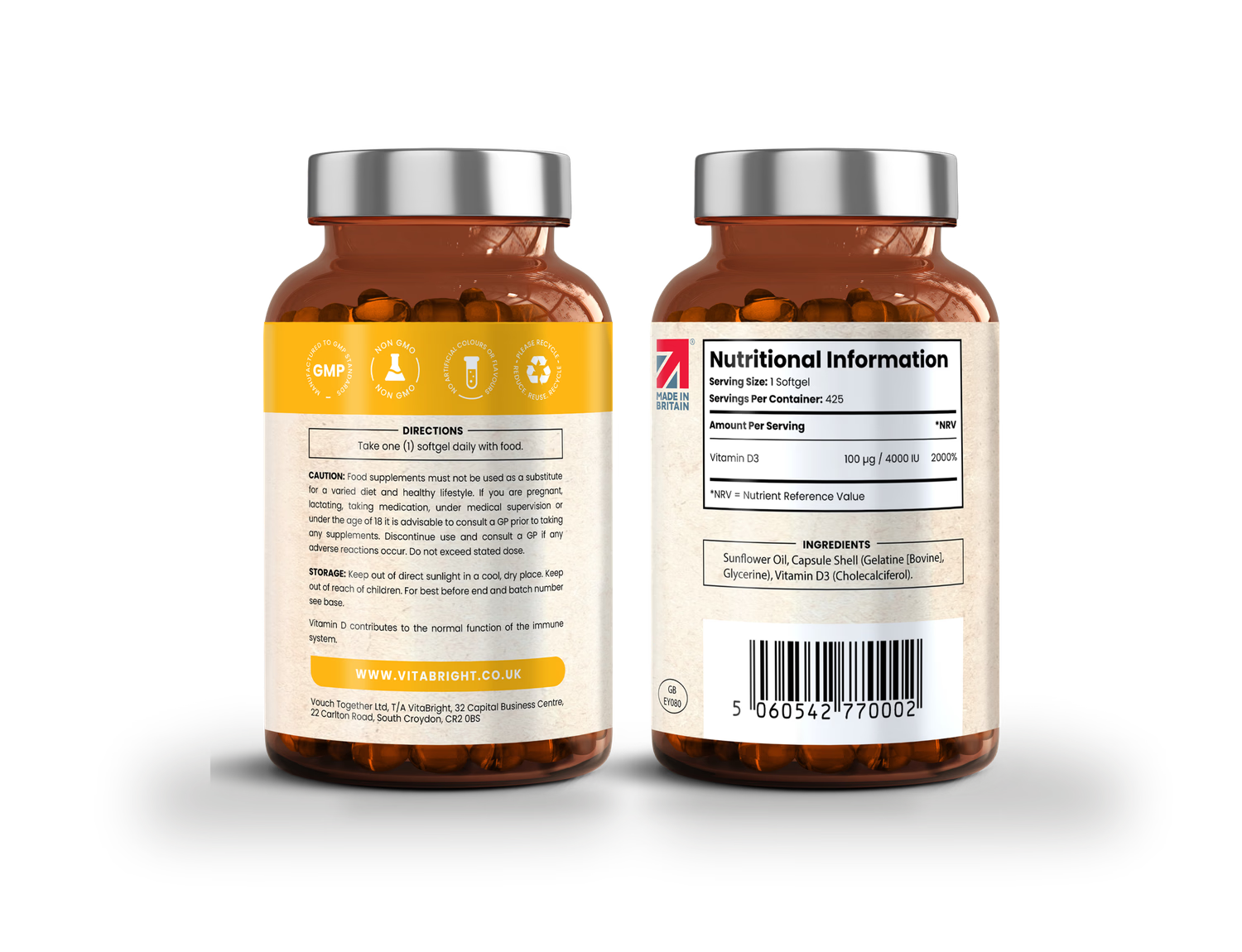 VitaBright vitamin D3 supplement 4000 IU 425 softgels, imported from the UK