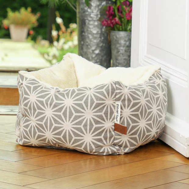 Dreampaws Geometric Snuggle Bed in fawn for small dogs, UK version