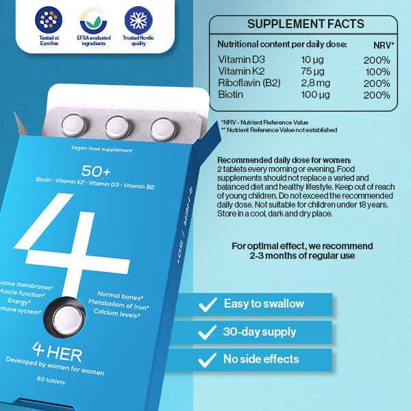 4HER 50+ women's multivitamins with D3 K2 Biotin 60 tablets, imported from the UK