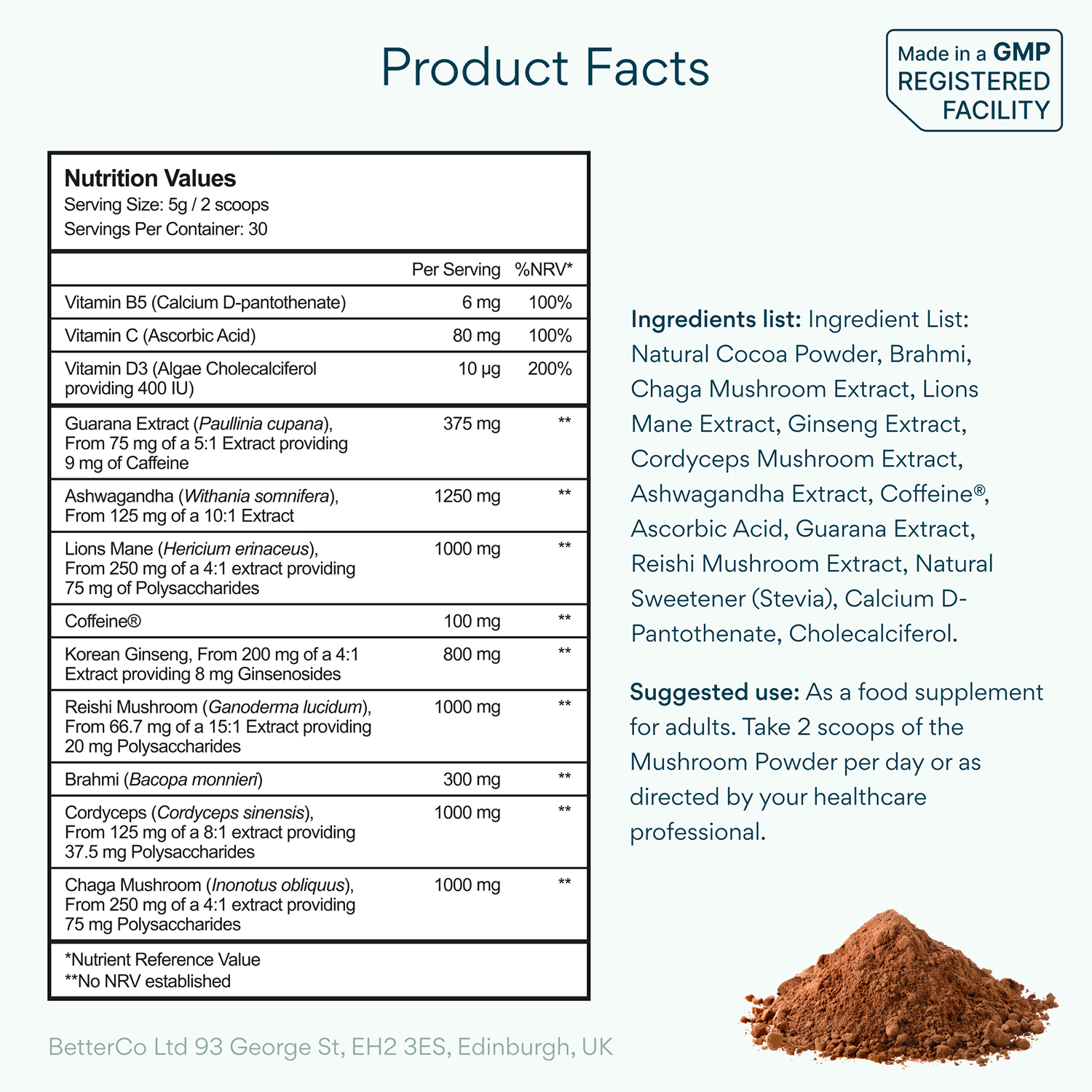 Bettervits Mushroom Complex Lion's Mane Reishi Cordyceps 30 servings, imported from the UK