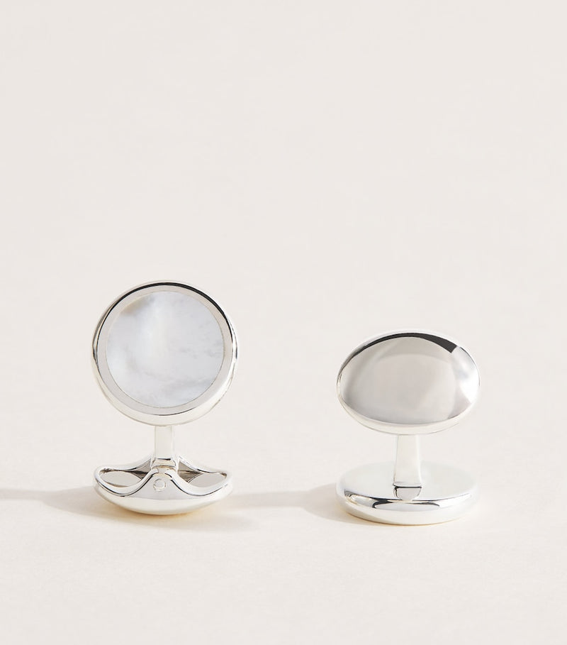 Deakin & Francis sterling silver mother-of-pearl round cufflinks, imported from the UK