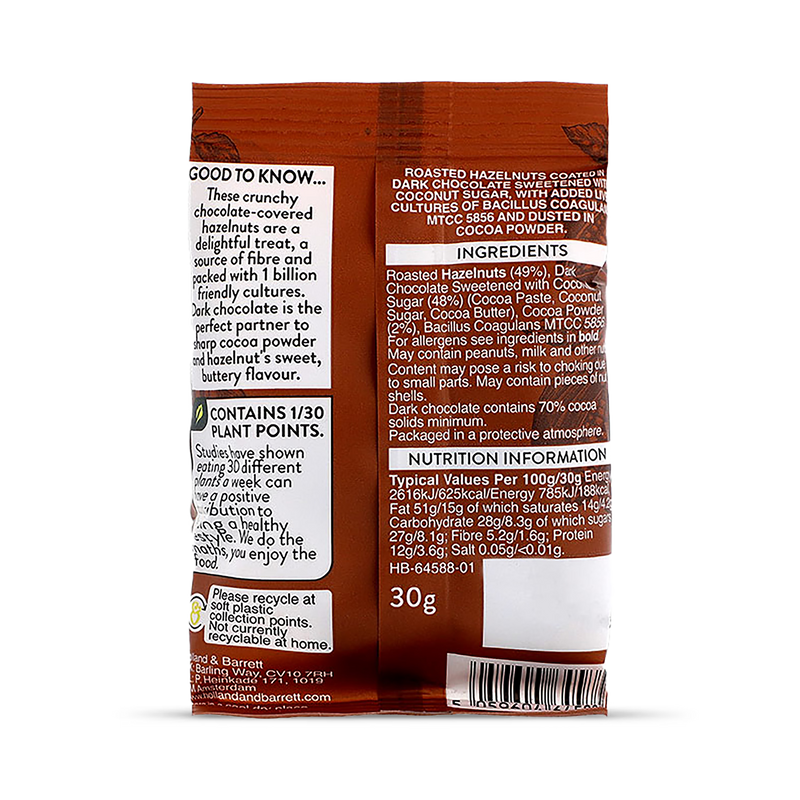 Holland & Barrett dark chocolate hazelnuts 30g, UK version